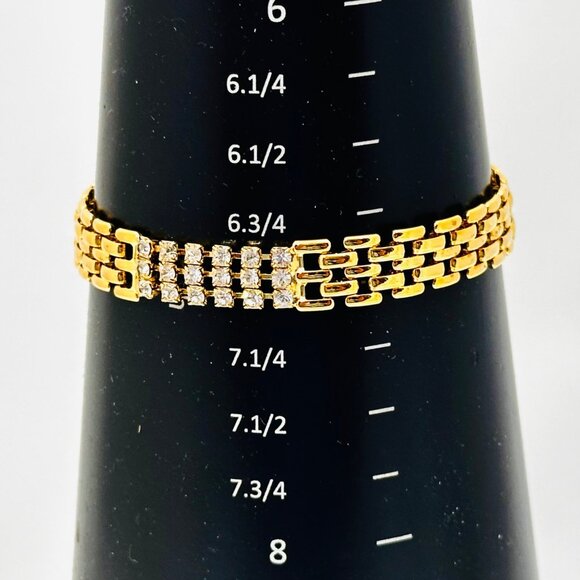 Vintage Gold-Tone Rhinestone Bracelet With Fold Over Clasp & Triple Row Design - Picture 8 of 8